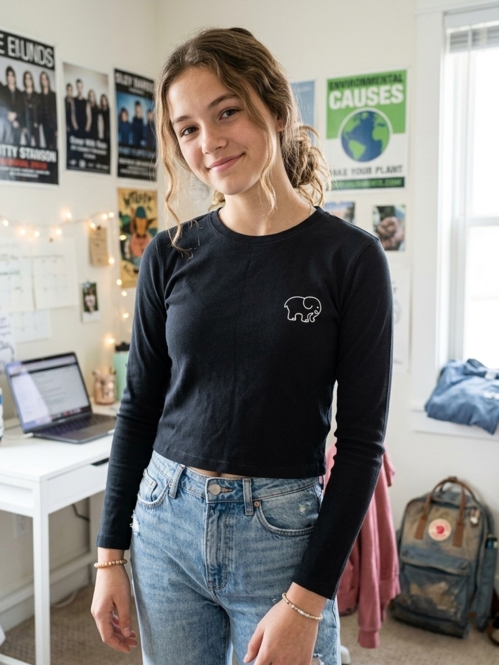 ivory ella - Black Long-Sleeve Cropped Tee with Elephant Logo